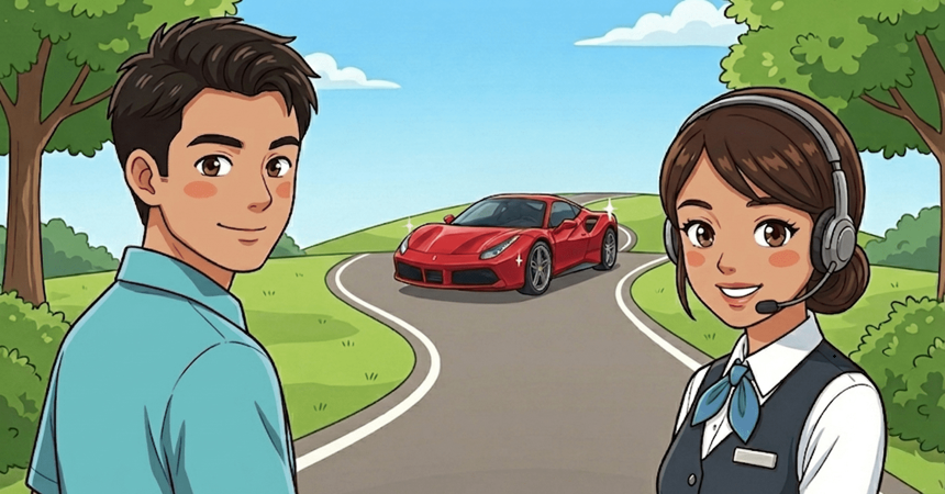 外国人の男女が自動車の前で笑顔のイラスト