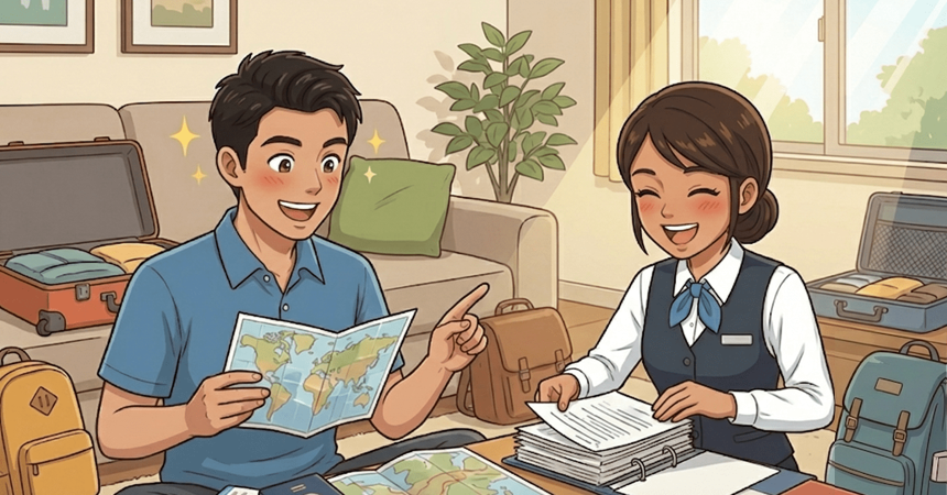 外国人の男女が旅行の準備をしているイラスト